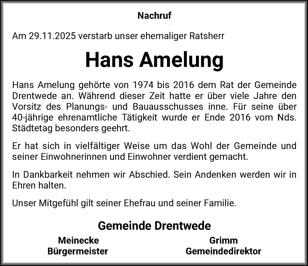  Traueranzeige für Hans Amelung vom 06.12.2025 aus SYKS