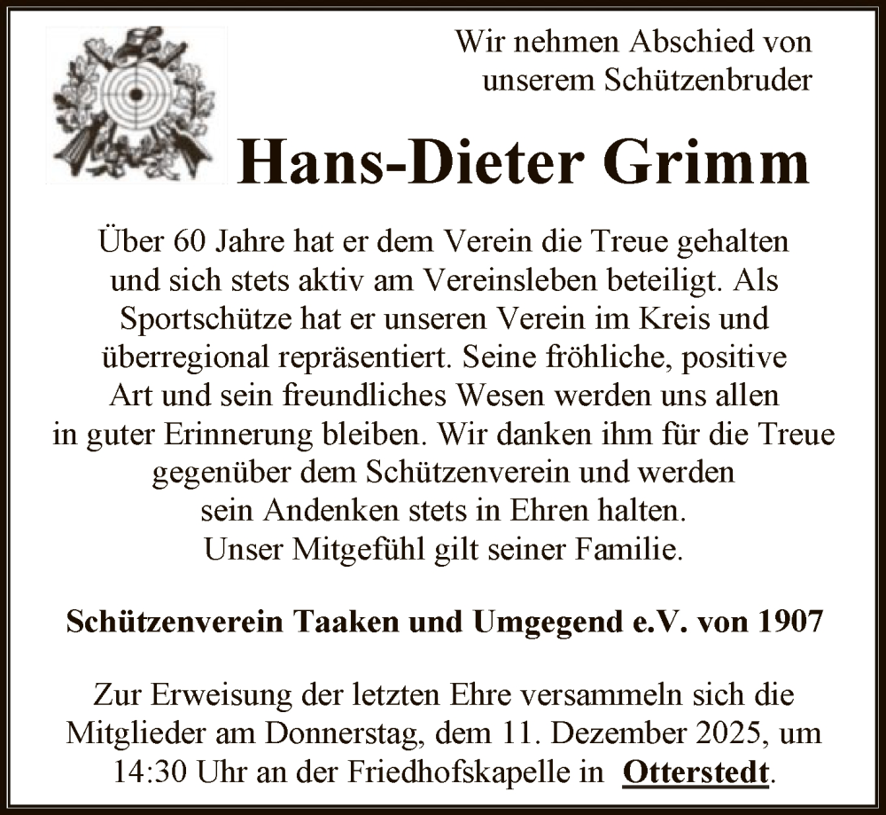  Traueranzeige für Hans-Dieter Grimm vom 06.12.2025 aus SYKR
