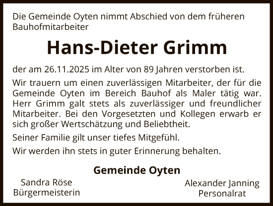 Traueranzeige von Hans-Dieter Grimm von SYKS