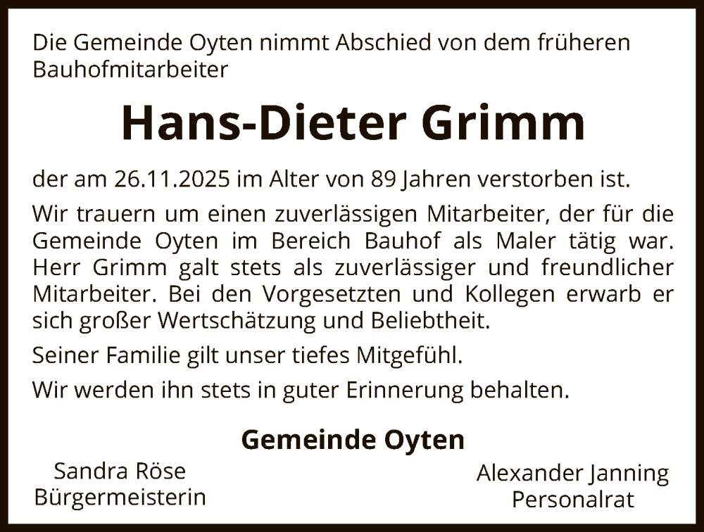  Traueranzeige für Hans-Dieter Grimm vom 13.12.2025 aus SYKS