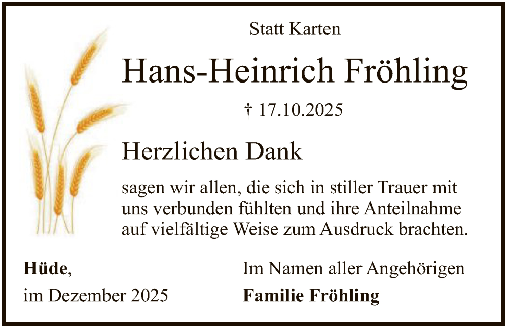  Traueranzeige für Hans-Heinrich Fröhling vom 13.12.2025 aus SYKS