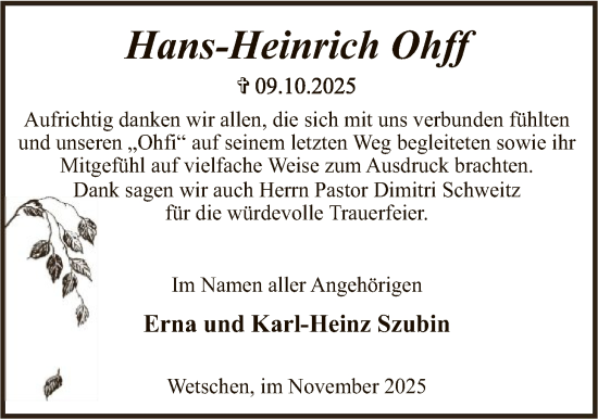 Traueranzeige von Hans-Heinrich Ohff von SYKS