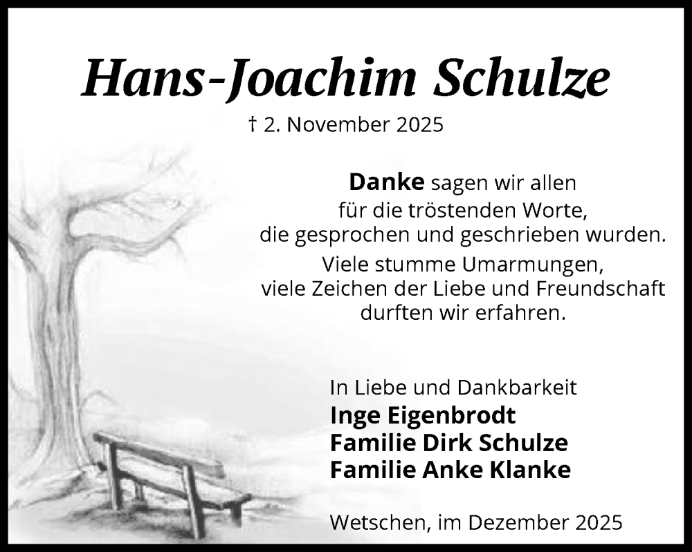  Traueranzeige für Hans-Joachim Schulze vom 13.12.2025 aus SYKS