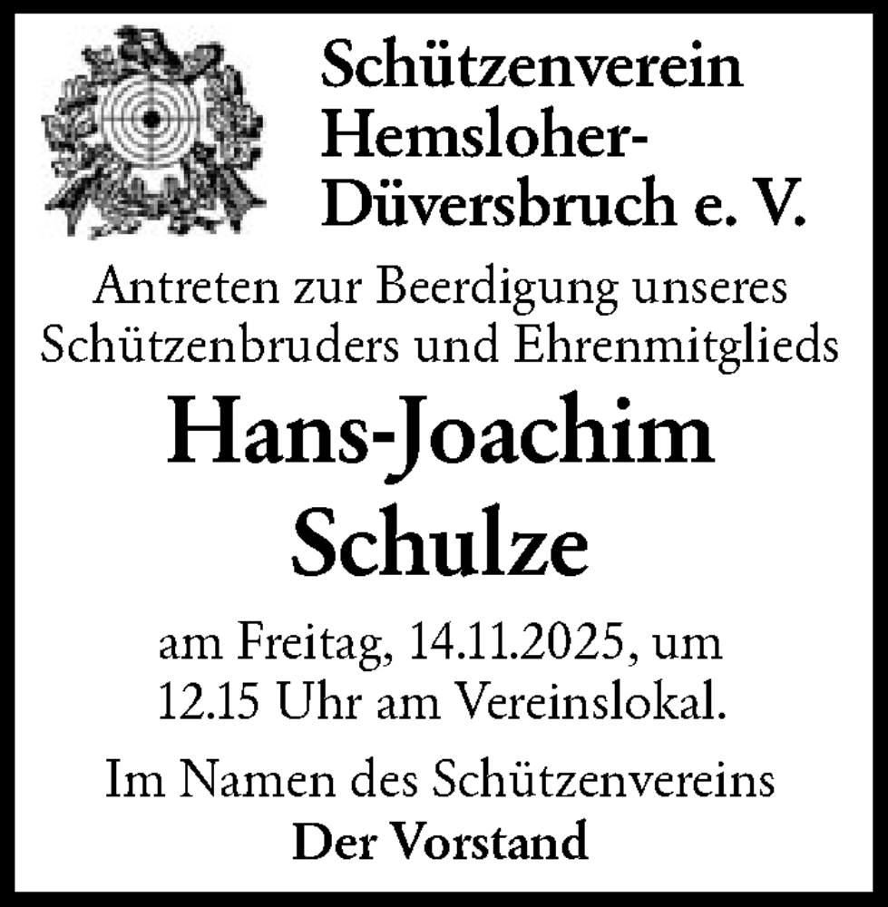 Traueranzeige für Hans-Joachim Schulze vom 08.11.2025 aus SYKS