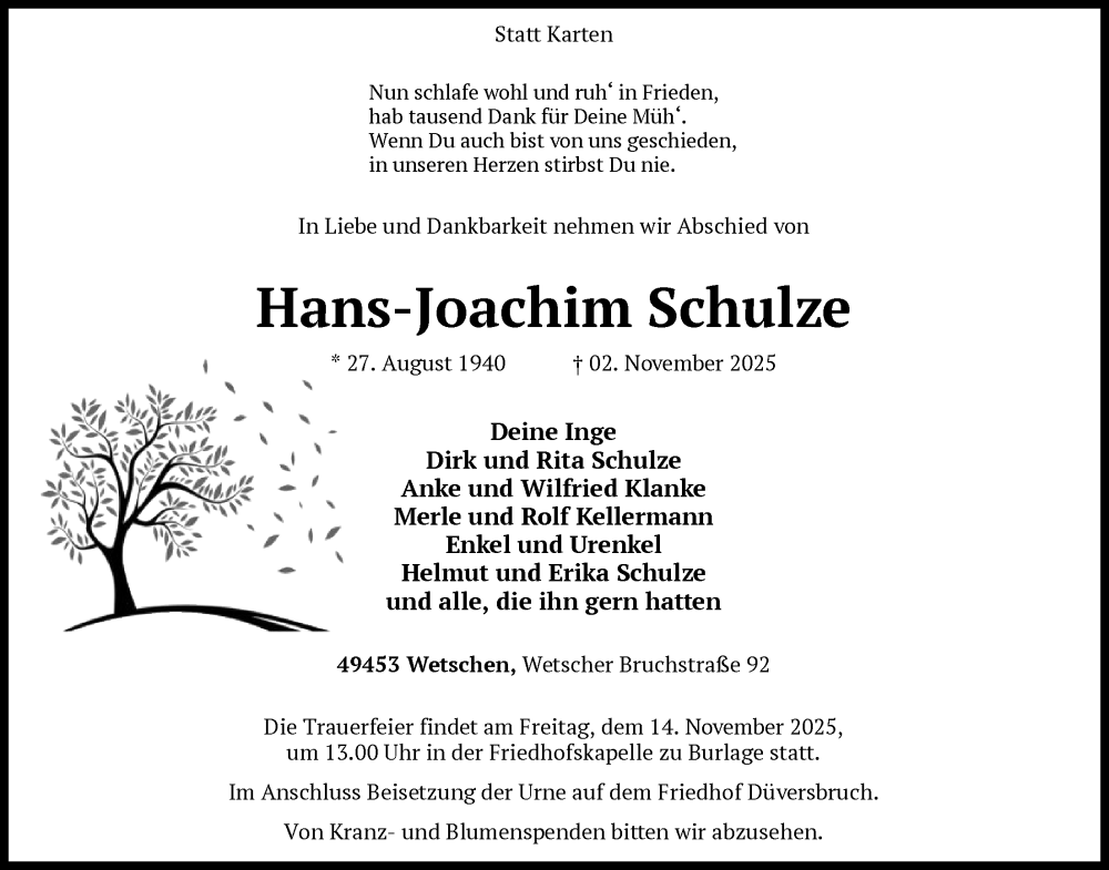  Traueranzeige für Hans-Joachim Schulze vom 08.11.2025 aus SYKS