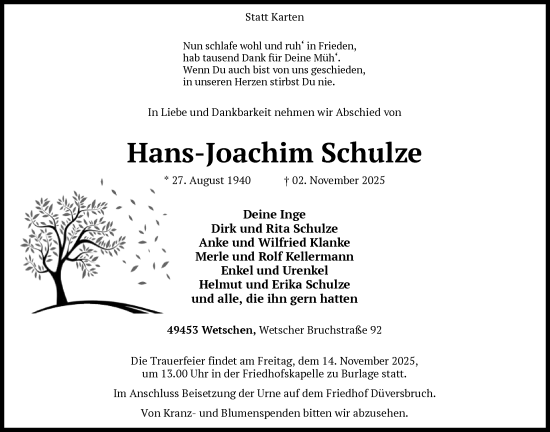 Traueranzeige von Hans-Joachim Schulze von SYKS