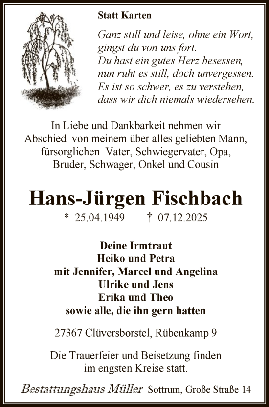 Traueranzeige von Hans-Jürgen Fischbach von SYKR