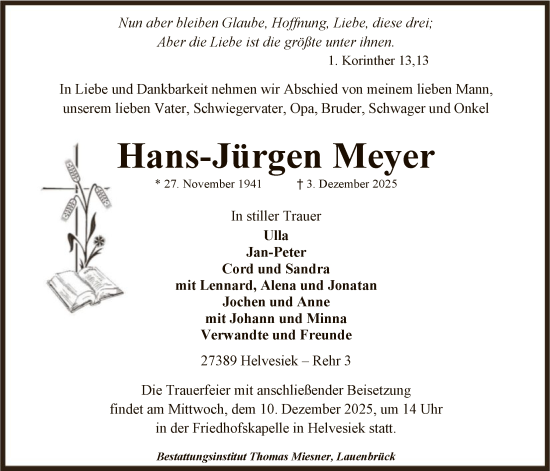 Traueranzeige von Hans-Jürgen Meyer von SYKR