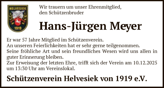 Traueranzeige von Hans-Jürgen Meyer von SYKR