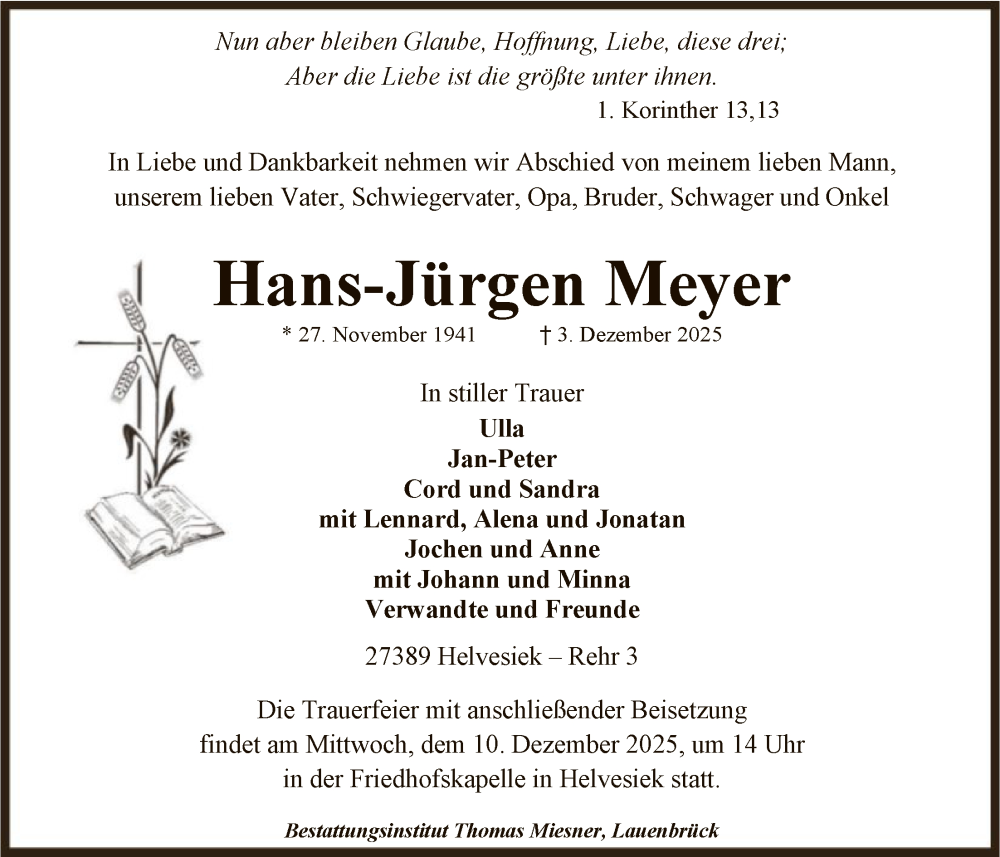  Traueranzeige für Hans-Jürgen Meyer vom 06.12.2025 aus SYKR