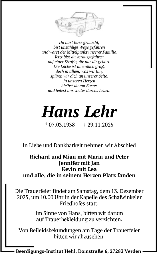 Traueranzeige von Hans Lehr von SYKS