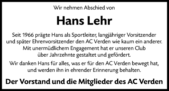 Traueranzeige von Hans Lehr von SYKS