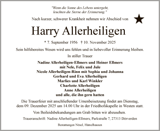 Traueranzeige von Harry Allerheiligen von SYKS