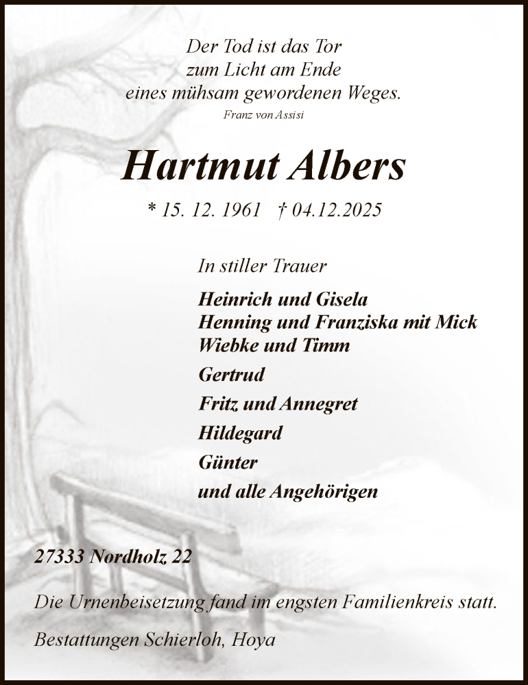  Traueranzeige für Hartmut Albers vom 27.12.2025 aus SYKS