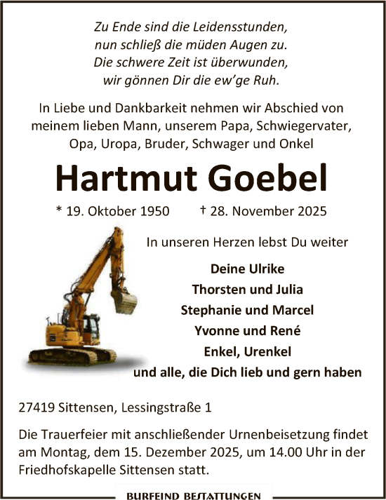 Traueranzeige von Hartmut Goebel von SYKR