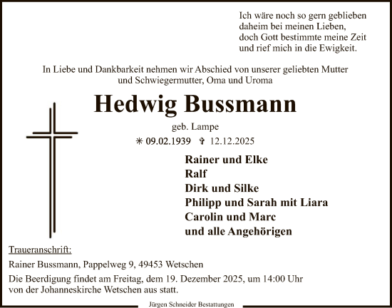 Traueranzeige von Hedwig Bussmann von SYKS