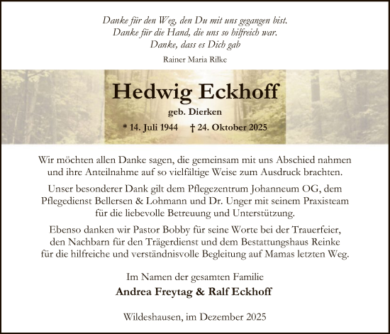Traueranzeige von Hedwig Eckhoff von SYWZ