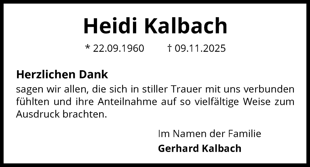  Traueranzeige für Heidi Kalbach vom 27.12.2025 aus SYKS