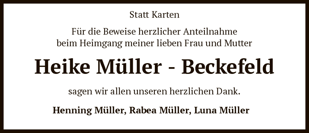  Traueranzeige für Heike Müller-Beckefeld vom 06.12.2025 aus SYKS