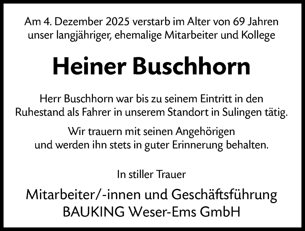  Traueranzeige für Heiner Buschhorn vom 20.12.2025 aus SYKS