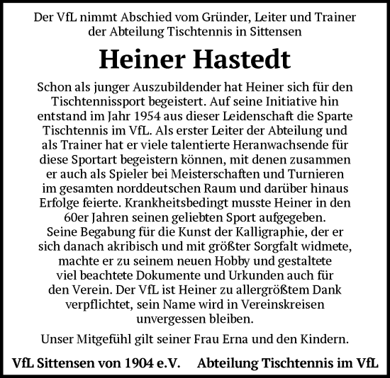 Traueranzeige von Heiner Hastedt von SYKR