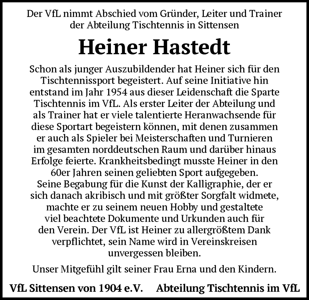  Traueranzeige für Heiner Hastedt vom 06.12.2025 aus SYKR