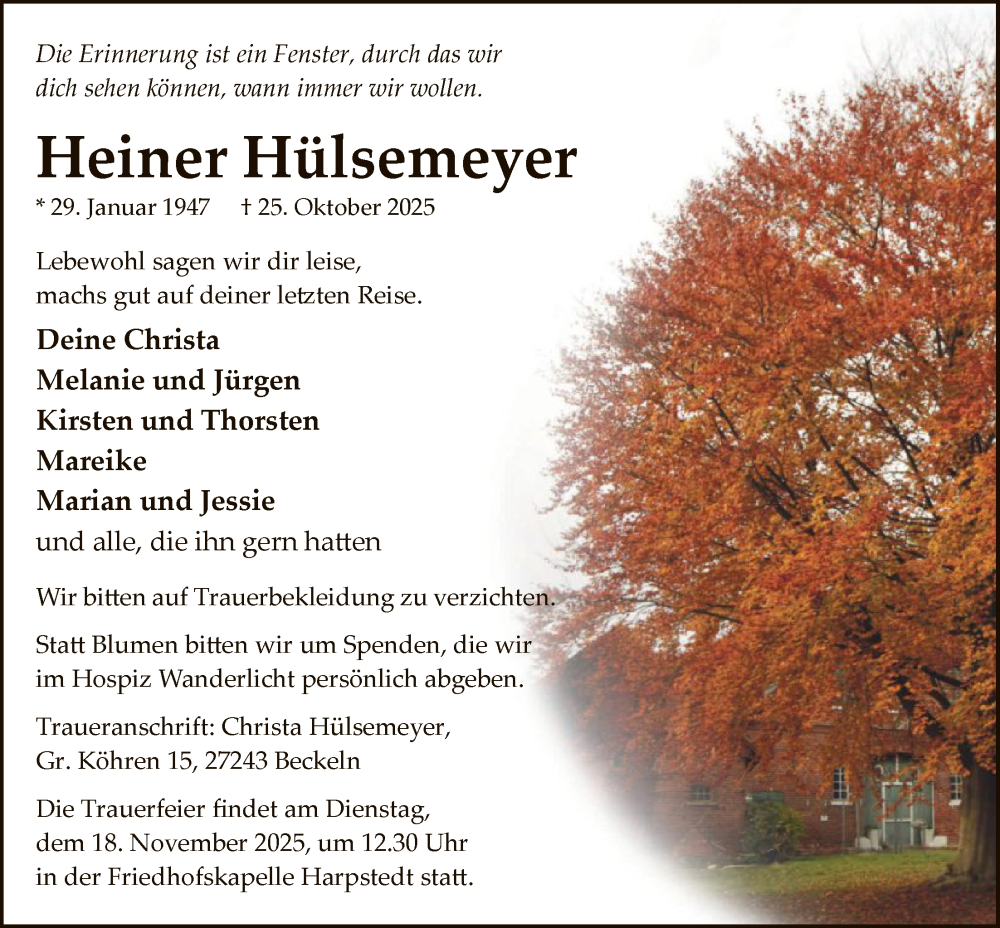  Traueranzeige für Heiner Hülsemeyer vom 10.11.2025 aus SYWZSYKS