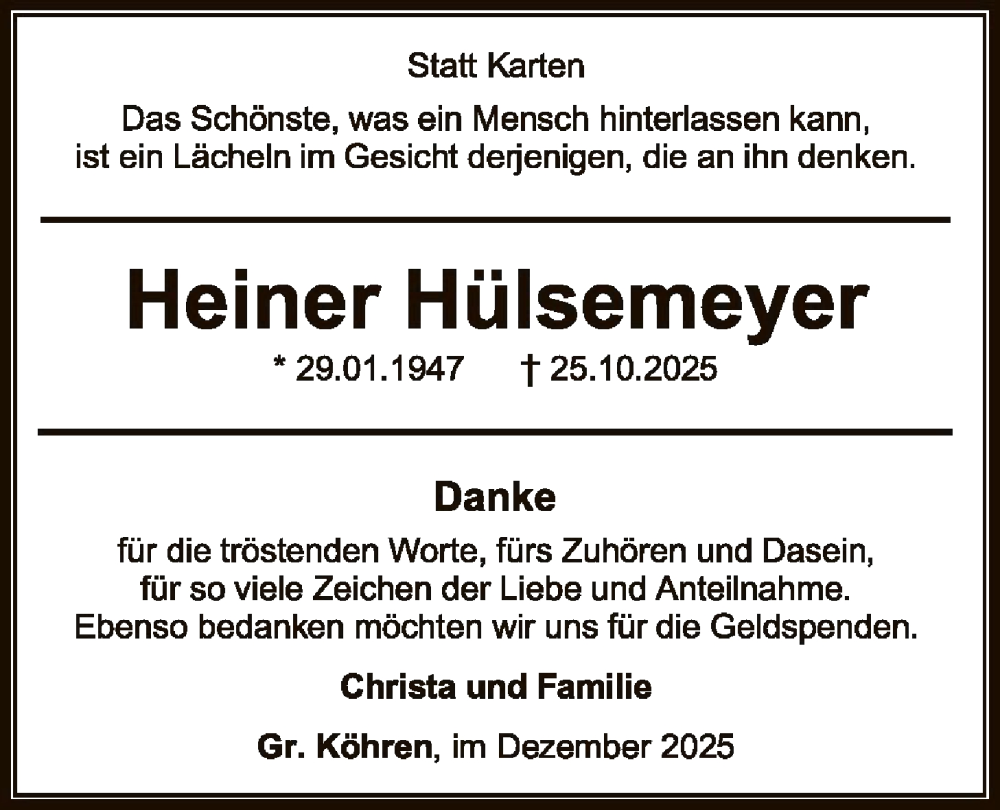  Traueranzeige für Heiner Hülsemeyer vom 13.12.2025 aus SYKSSYWZ