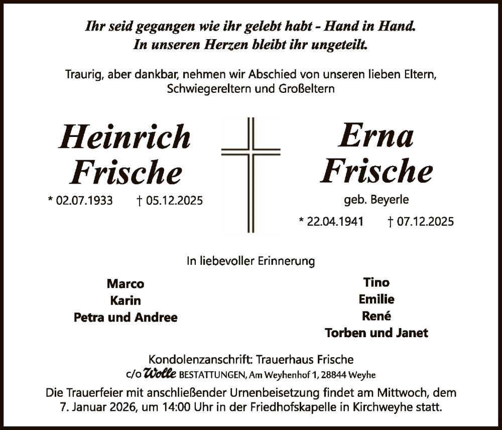  Traueranzeige für Heinrich Frische vom 20.12.2025 aus SYKS