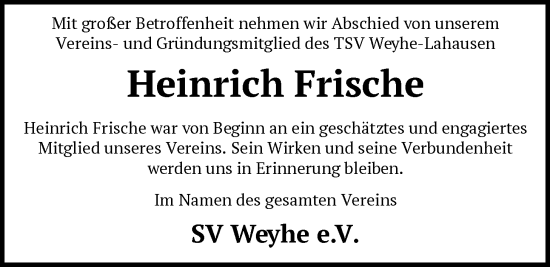 Traueranzeige von Heinrich Frische von SYKS
