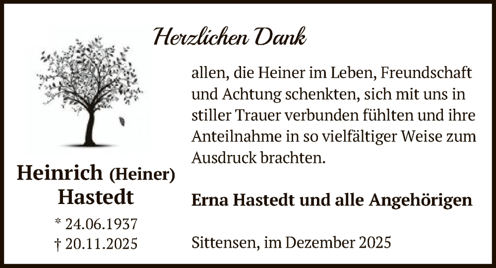  Traueranzeige für Heinrich Hastedt vom 20.12.2025 aus SYKR