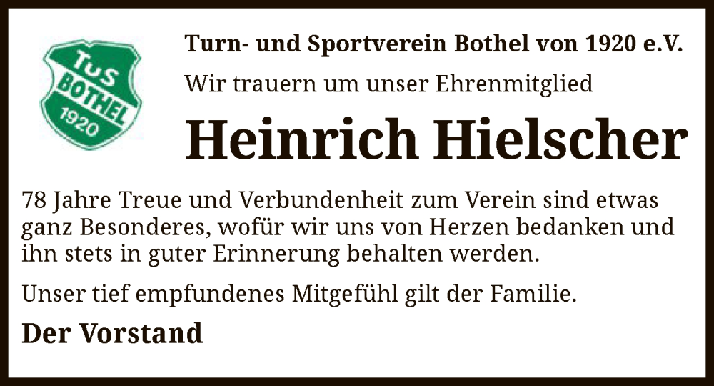  Traueranzeige für Heinrich Hielscher vom 13.12.2025 aus SYKR