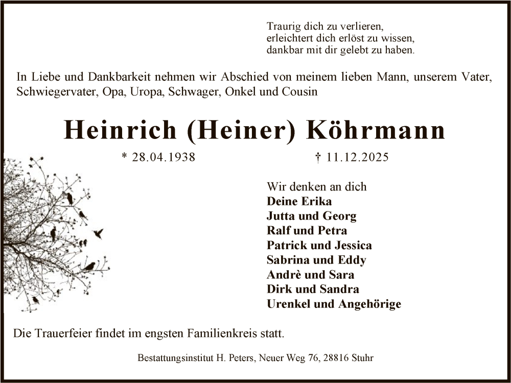  Traueranzeige für Heinrich Köhrmann vom 16.12.2025 aus SYKS