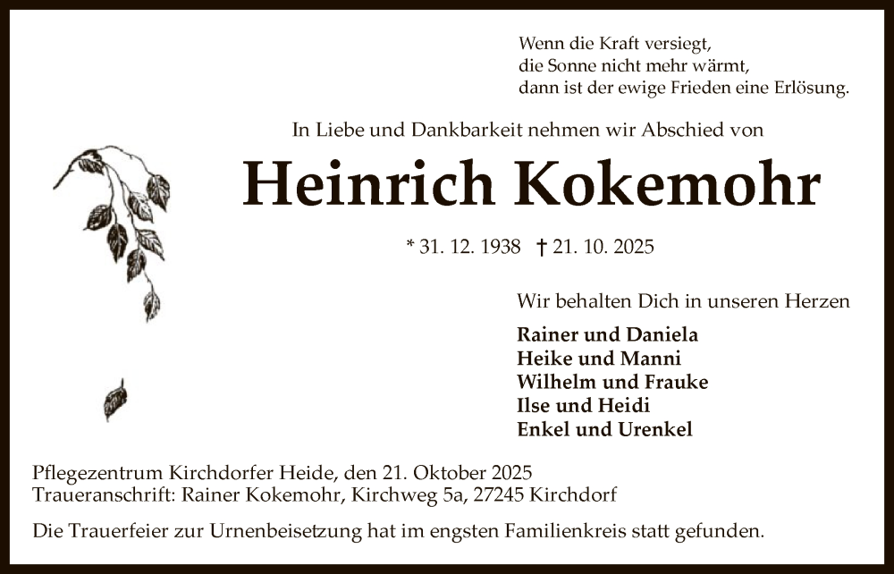  Traueranzeige für Heinrich Kokemohr vom 08.11.2025 aus SYKS
