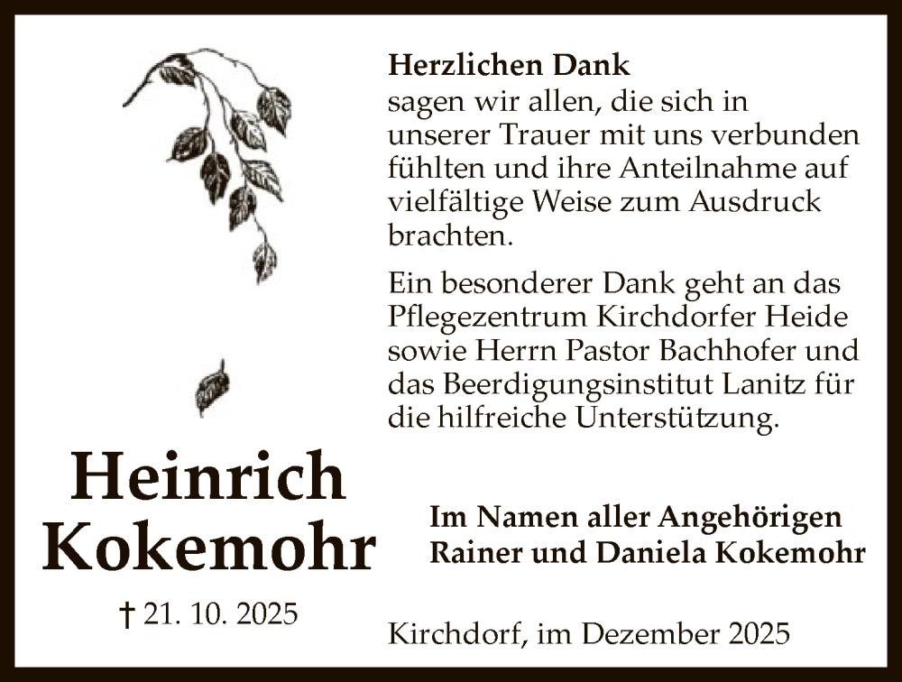  Traueranzeige für Heinrich Kokemohr vom 06.12.2025 aus SYKS