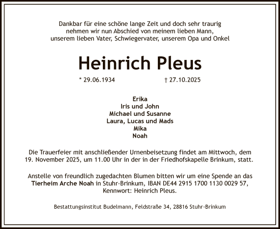 Traueranzeige von Heinrich Pleus von SYKS