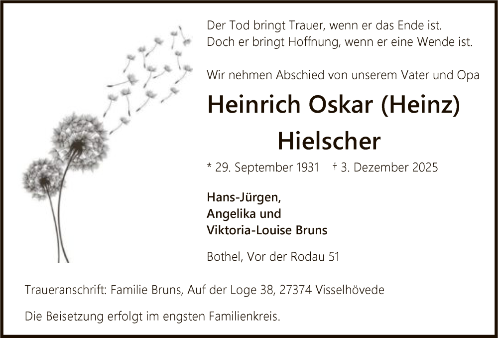  Traueranzeige für Heinrich Oskar Hielscher vom 13.12.2025 aus SYKR