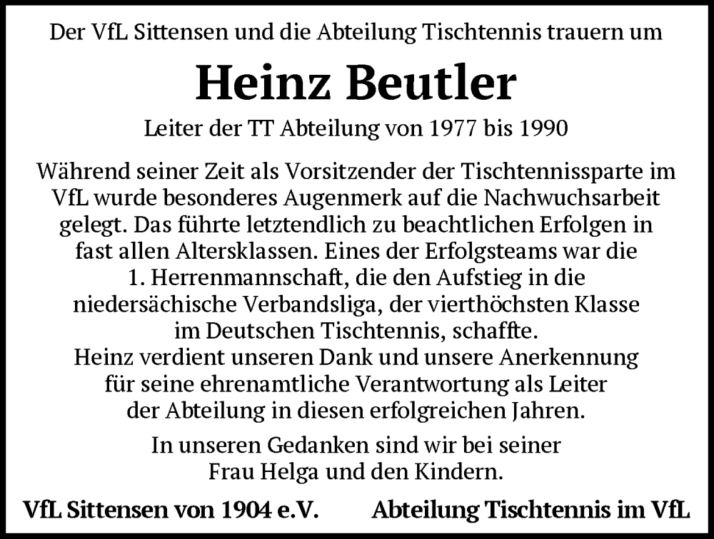  Traueranzeige für Heinz Beutler vom 06.12.2025 aus SYKR