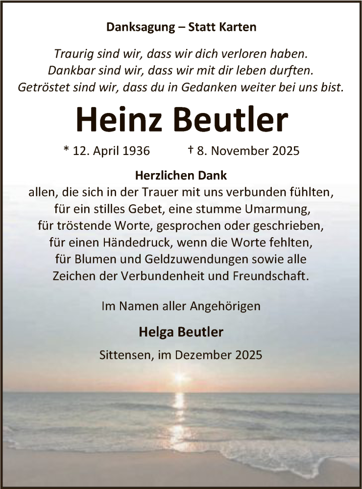  Traueranzeige für Heinz Beutler vom 20.12.2025 aus SYKR