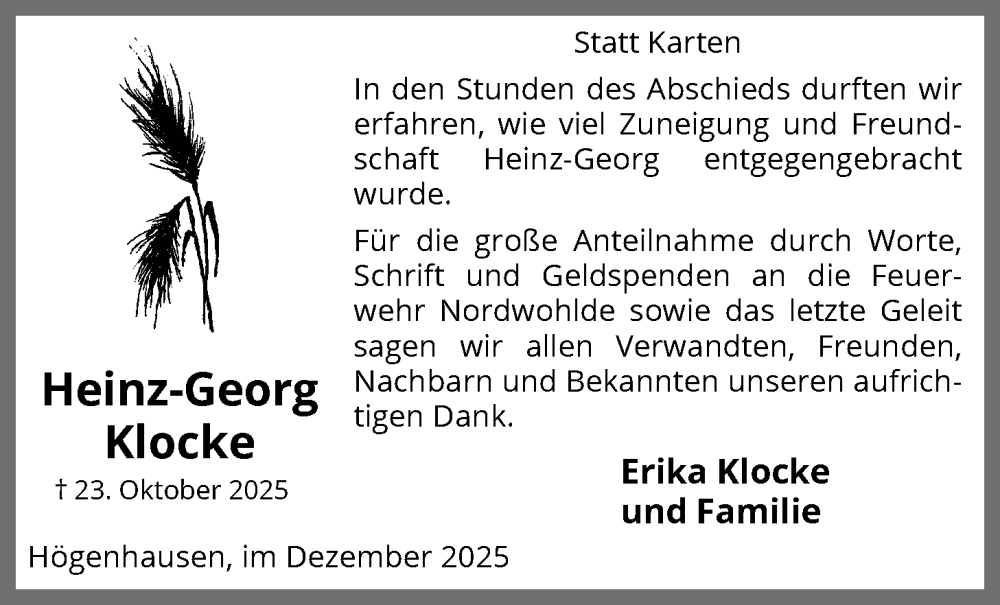  Traueranzeige für Heinz-Georg Klocke vom 13.12.2025 aus SYKS