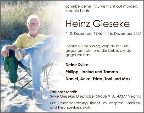 Traueranzeige von Heinz Gieseke von SYKS