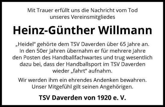 Traueranzeige von Heinz-Günther Willmann von SYKS