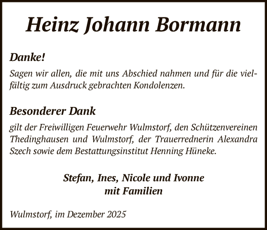 Traueranzeige von Heinz Johann Bormann von SYKS
