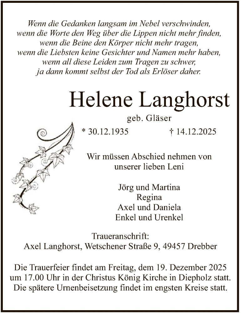  Traueranzeige für Helene Langhorst vom 16.12.2025 aus SYKS