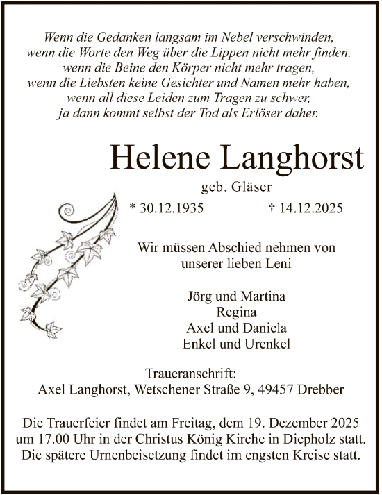 Traueranzeige von Helene Langhorst von SYKS