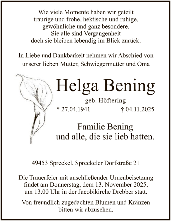 Traueranzeige von Helga Bening von SYKS