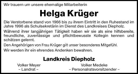 Traueranzeige von Helga Krüger von SYKS