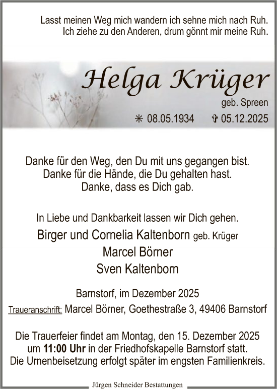 Traueranzeige von Helga Krüger von SYKS