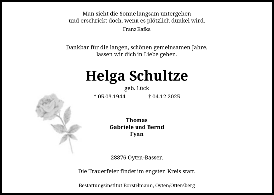 Traueranzeige von Helga Schultze von SYKS