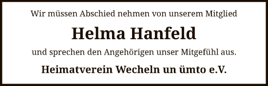Traueranzeige von Helma Hanfeld von SYKS